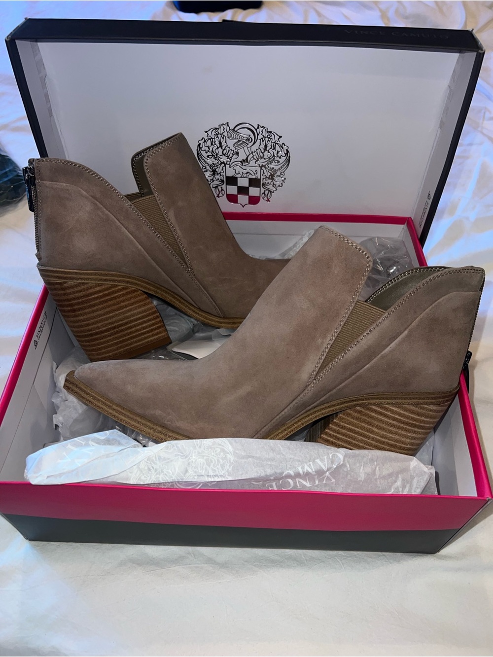 Vince Camuto Taupe Suede Stacked Heel Ankle Booties